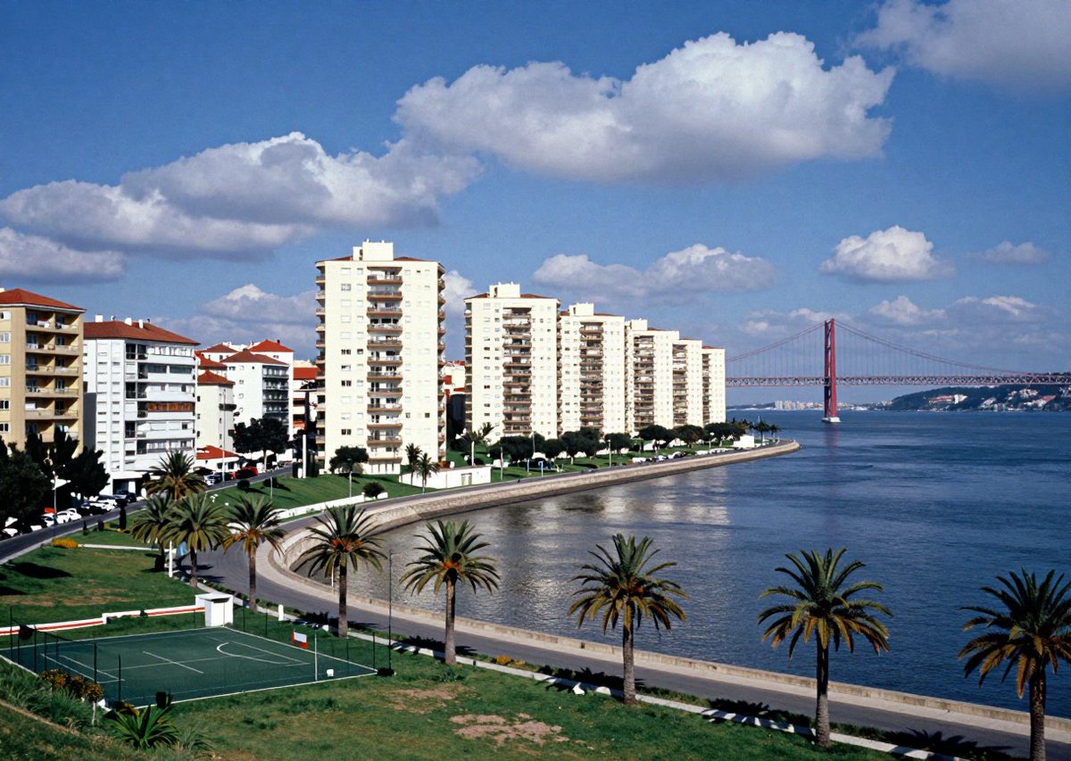 As torres do Miratejo à beira do Tejo, com palmeiras e um campo de jogos